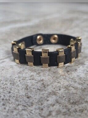 Black and Brown Leather Bracelet with Gold Accents